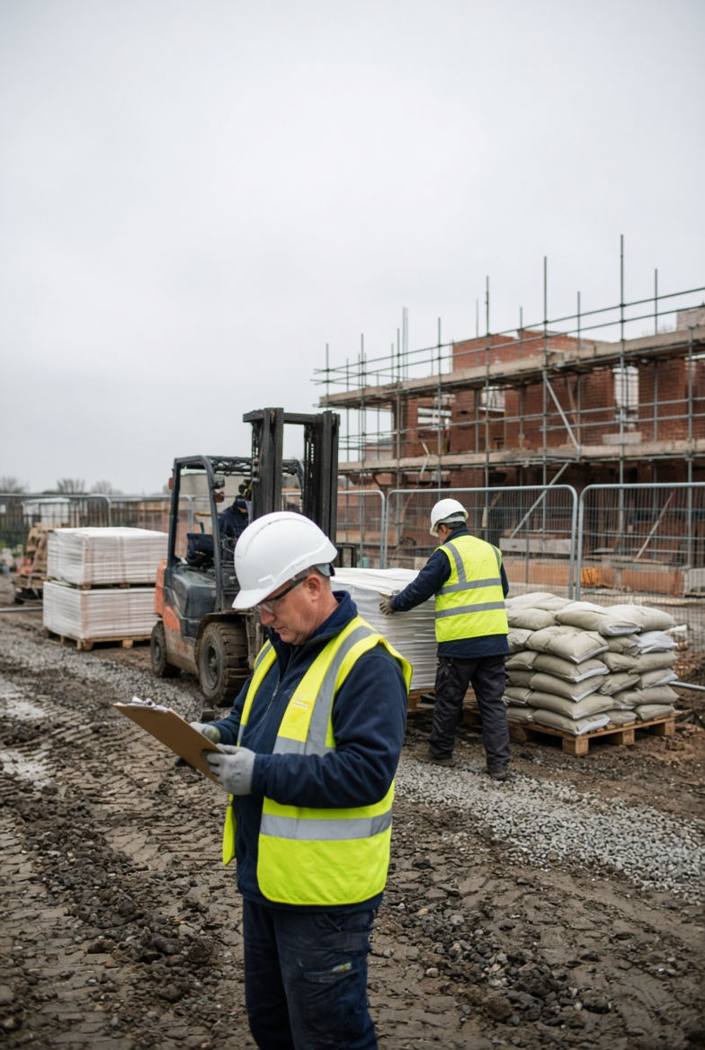 Construction workers grouped together on site reviewing documents