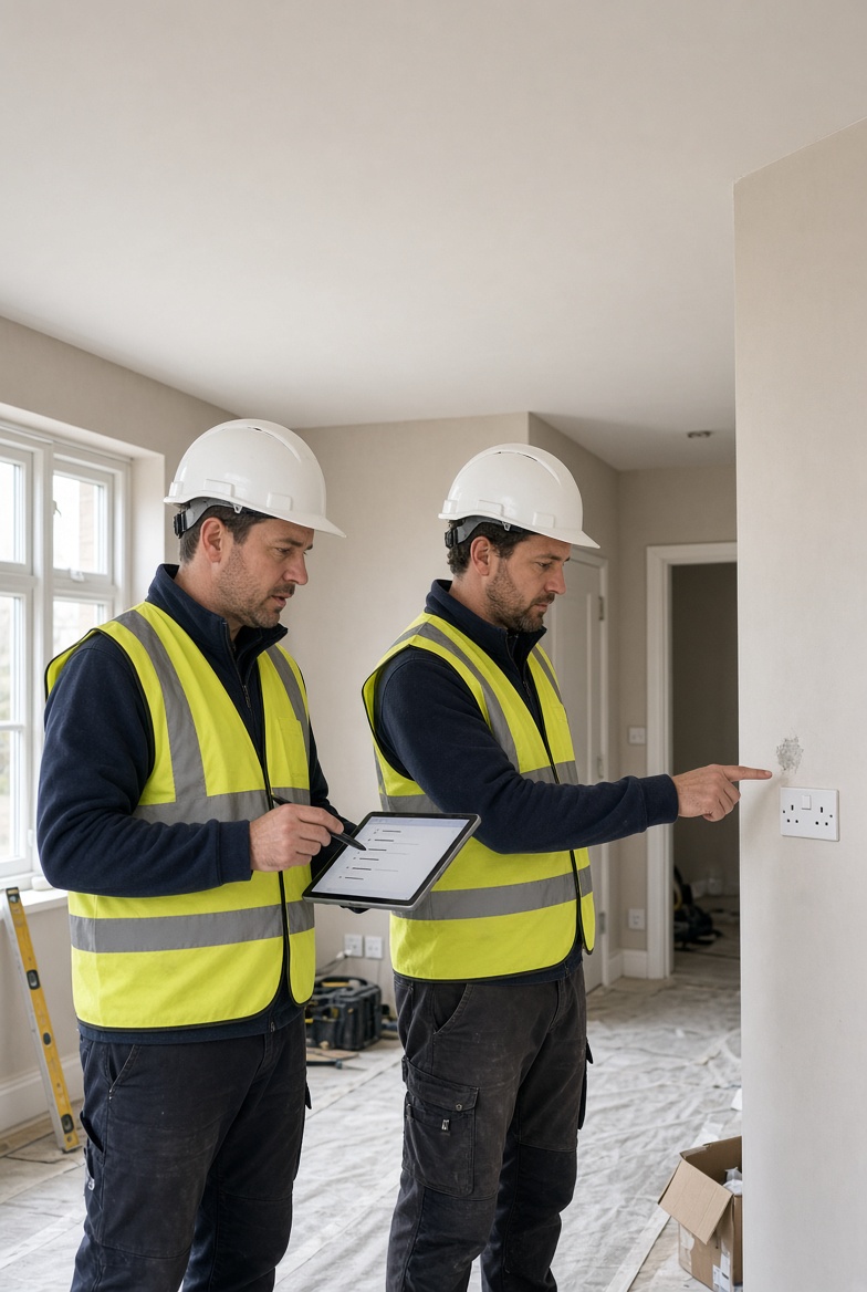 Contractor and site professional walking through a completed property