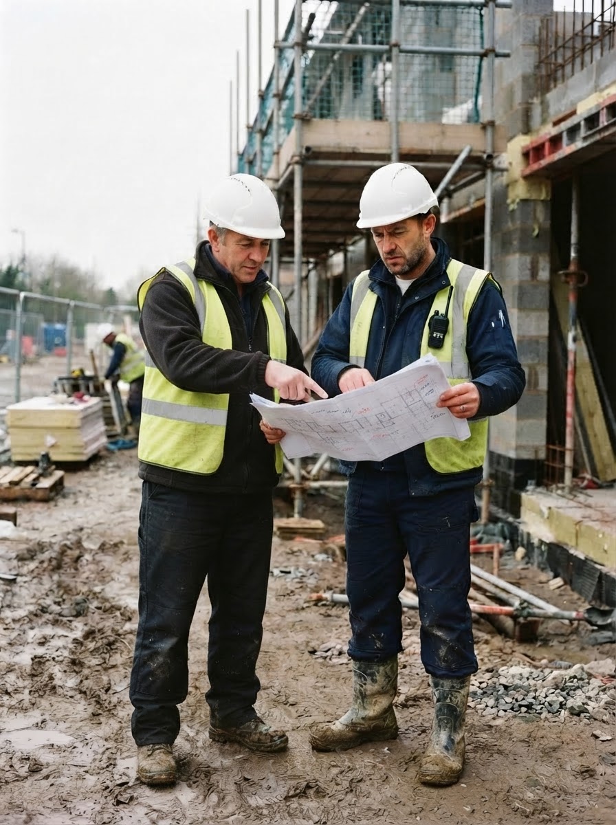 Construction workers reviewing marked-up drawings on site